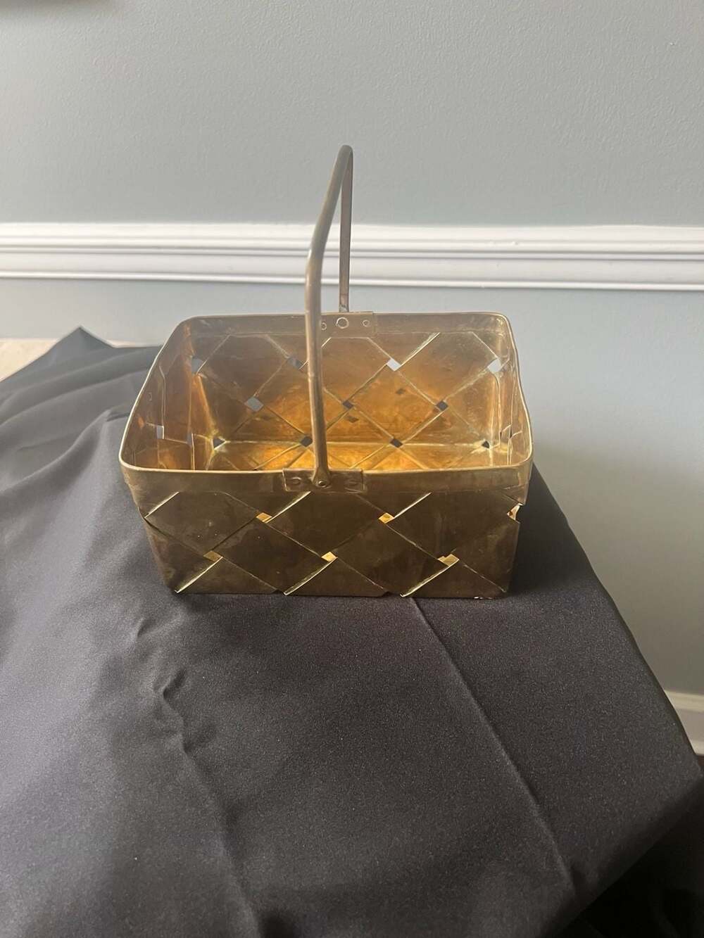 Vintage Woven Brass Basket with Swing Handle